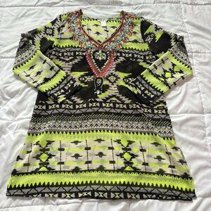 Lucky & Coco Tunic Cover Up Womens Size Large Yellow Beaded Sheer Boho Miami Y2K